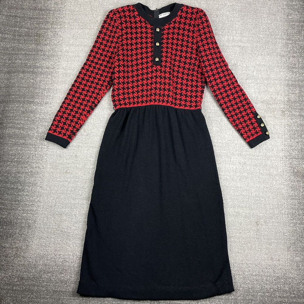 Vintage 1960s Pat Sandler Houndstooth Black Red Knit Midi Sweater Dress US 12